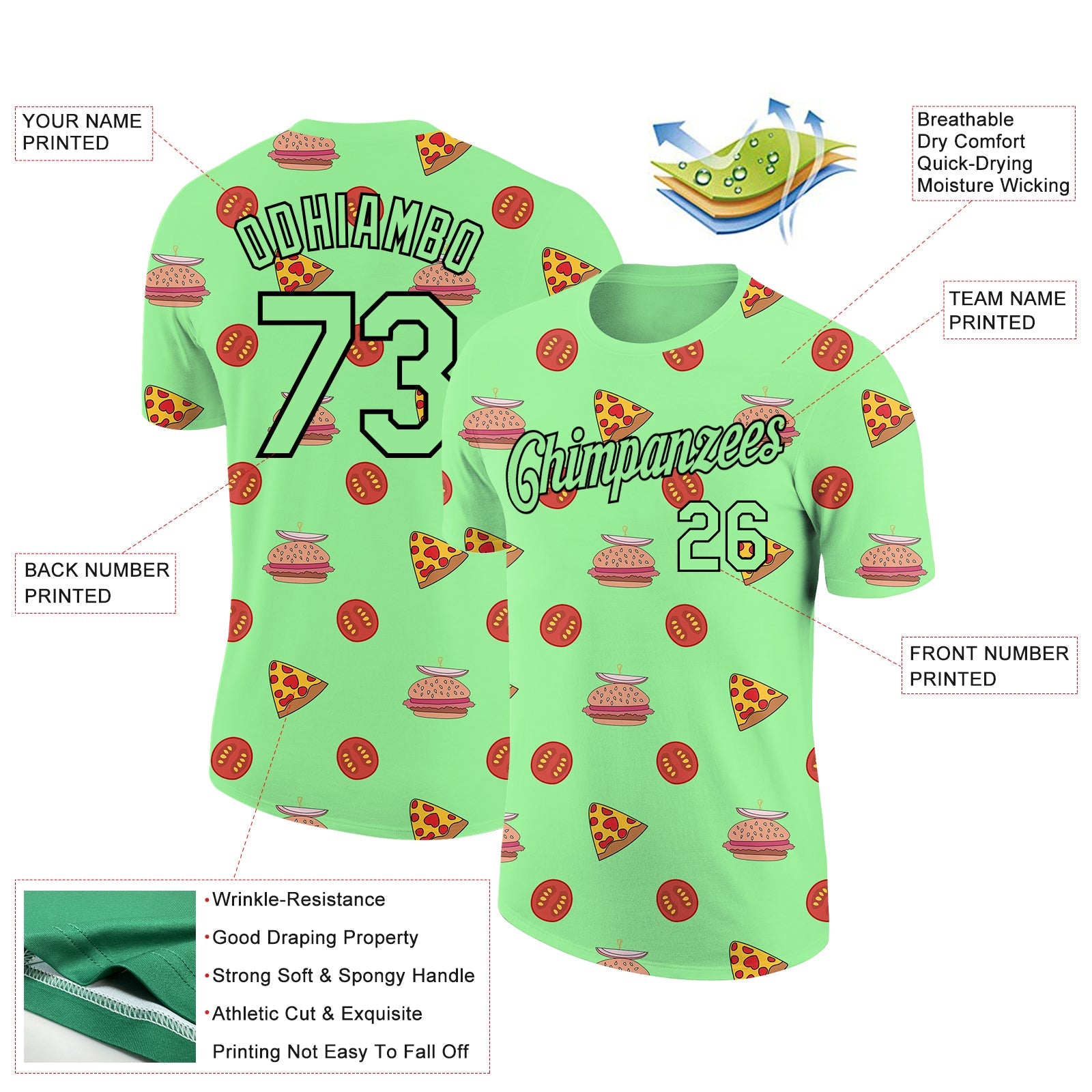 Custom Pea Green Black 3D Pattern Design Food Pizza And Burger Performance T-Shirt view 2