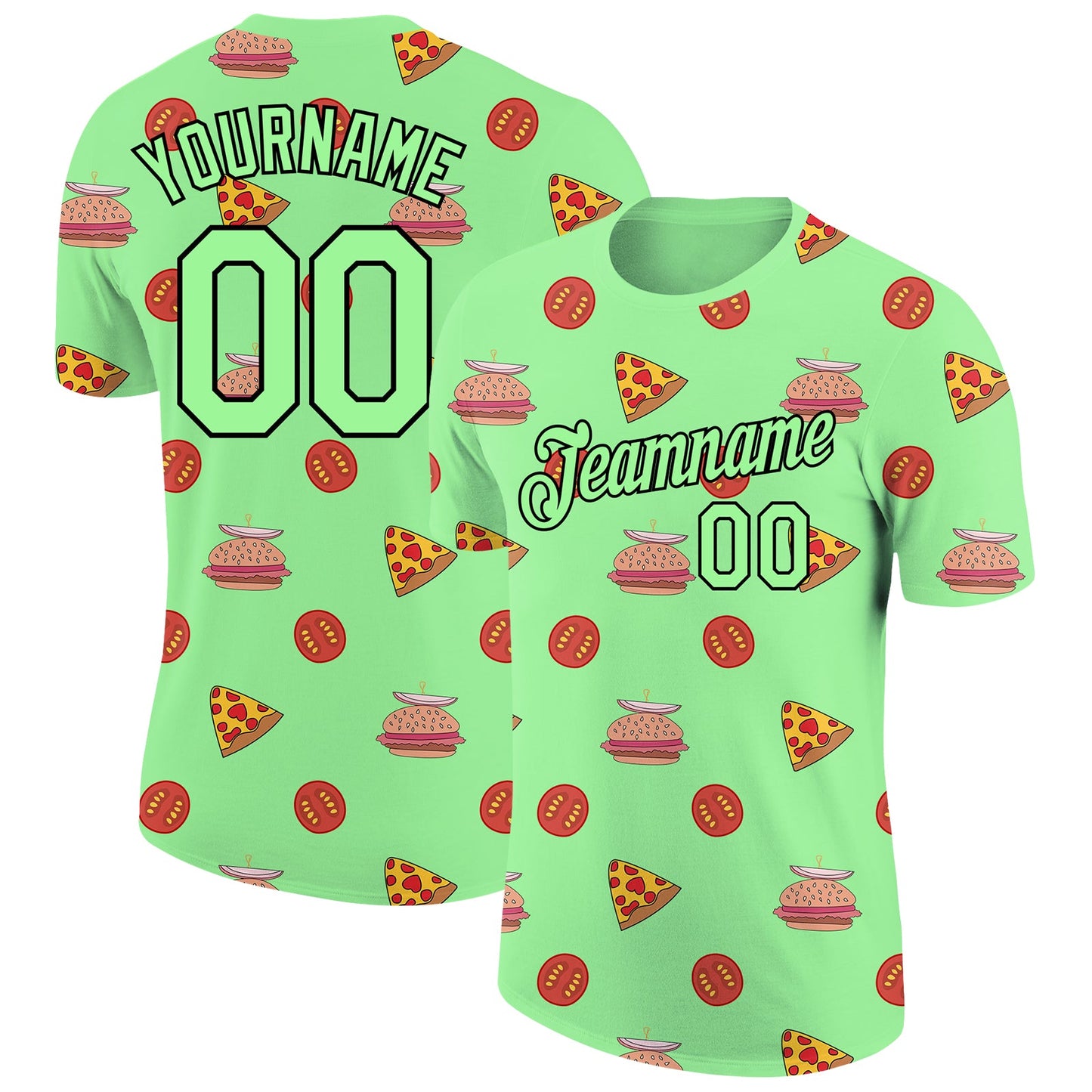 Custom Pea Green Black 3D Pattern Design Food Pizza And Burger Performance T-Shirt - Main View