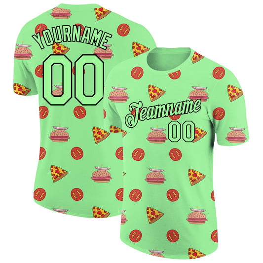Custom Pea Green Black 3D Pattern Design Food Pizza And Burger Performance T-Shirt - Main View