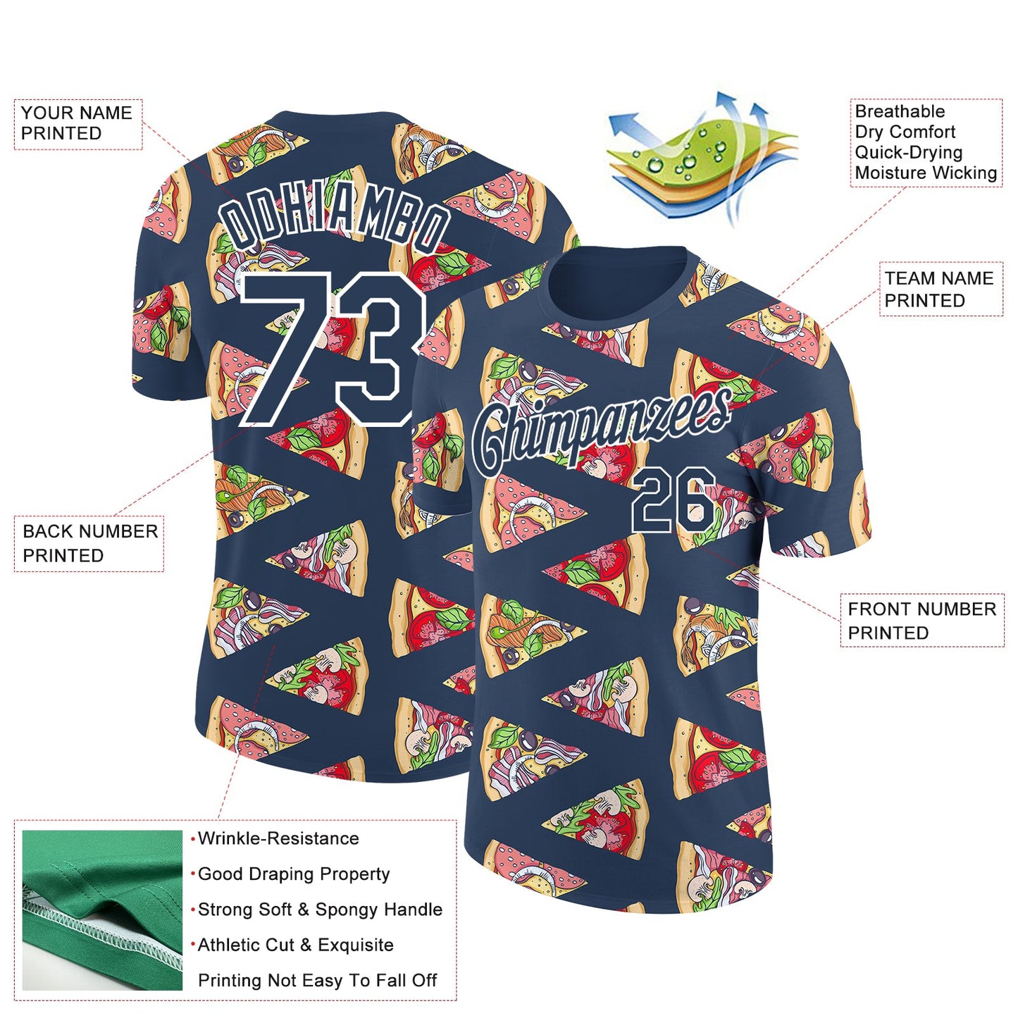 Custom US Navy Blue White 3D Pattern Design Food Pizza Performance T-Shirt view 2