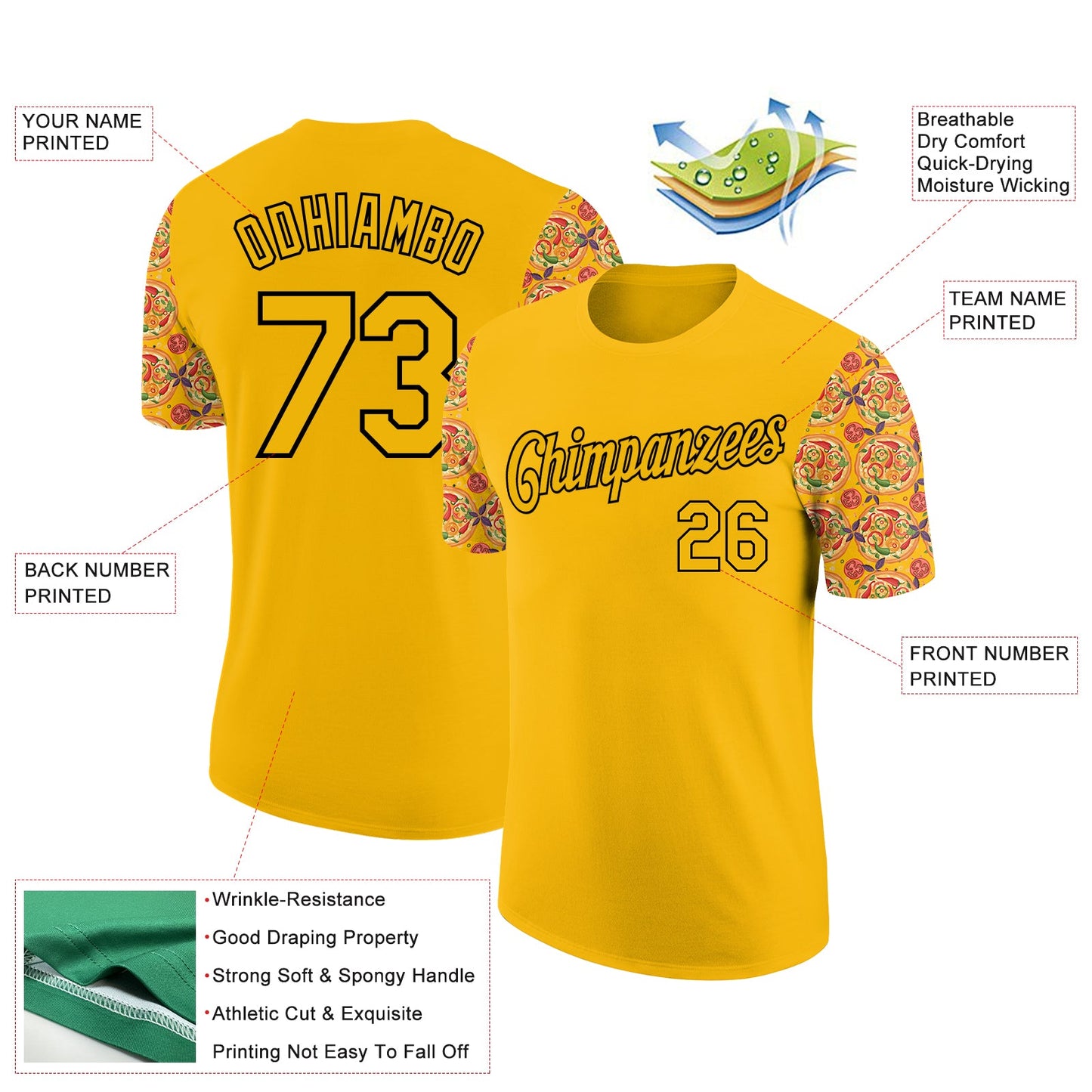 Custom Gold Black 3D Pattern Design Food Pizza Performance T-Shirt view 2