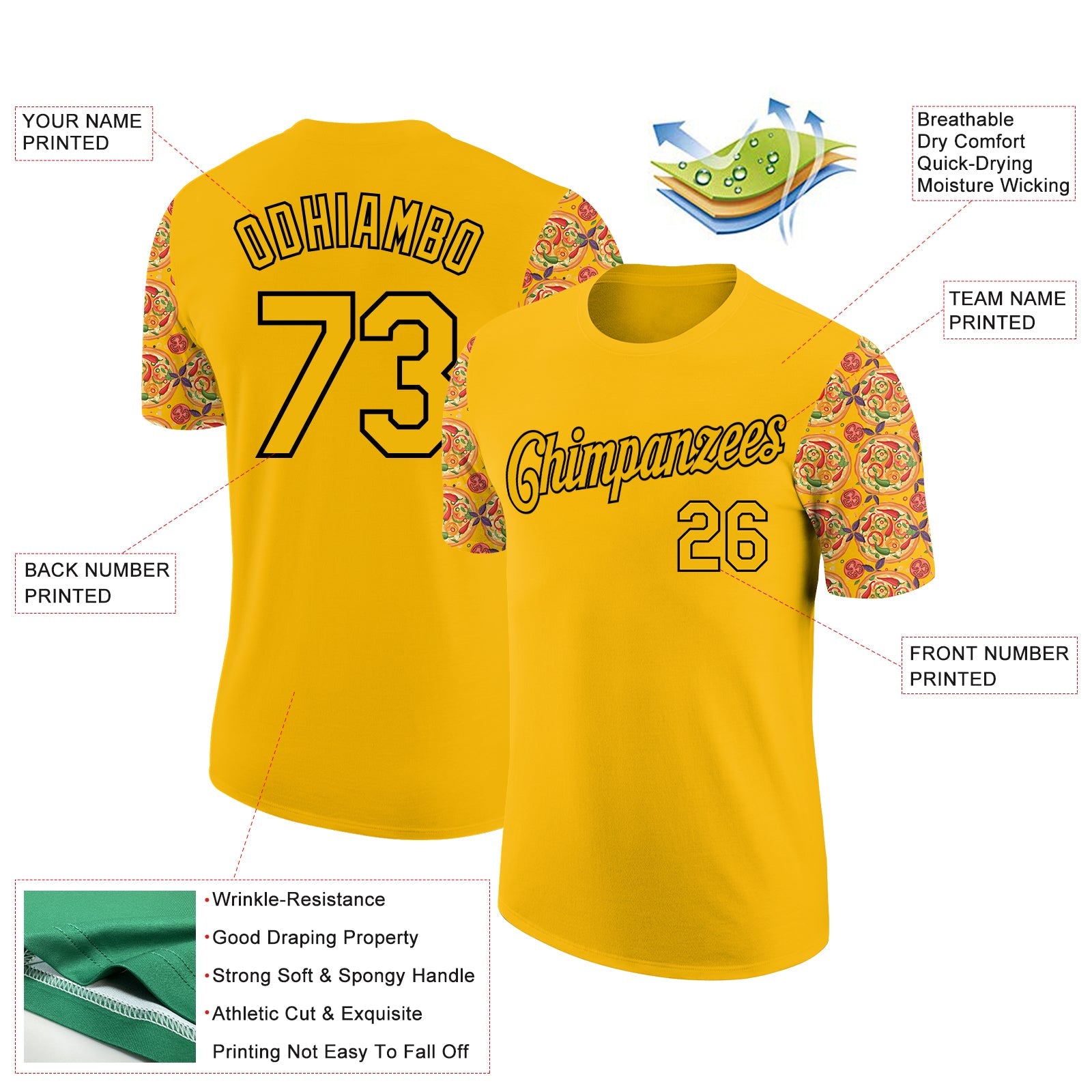 Custom Gold Black 3D Pattern Design Food Pizza Performance T-Shirt view 2