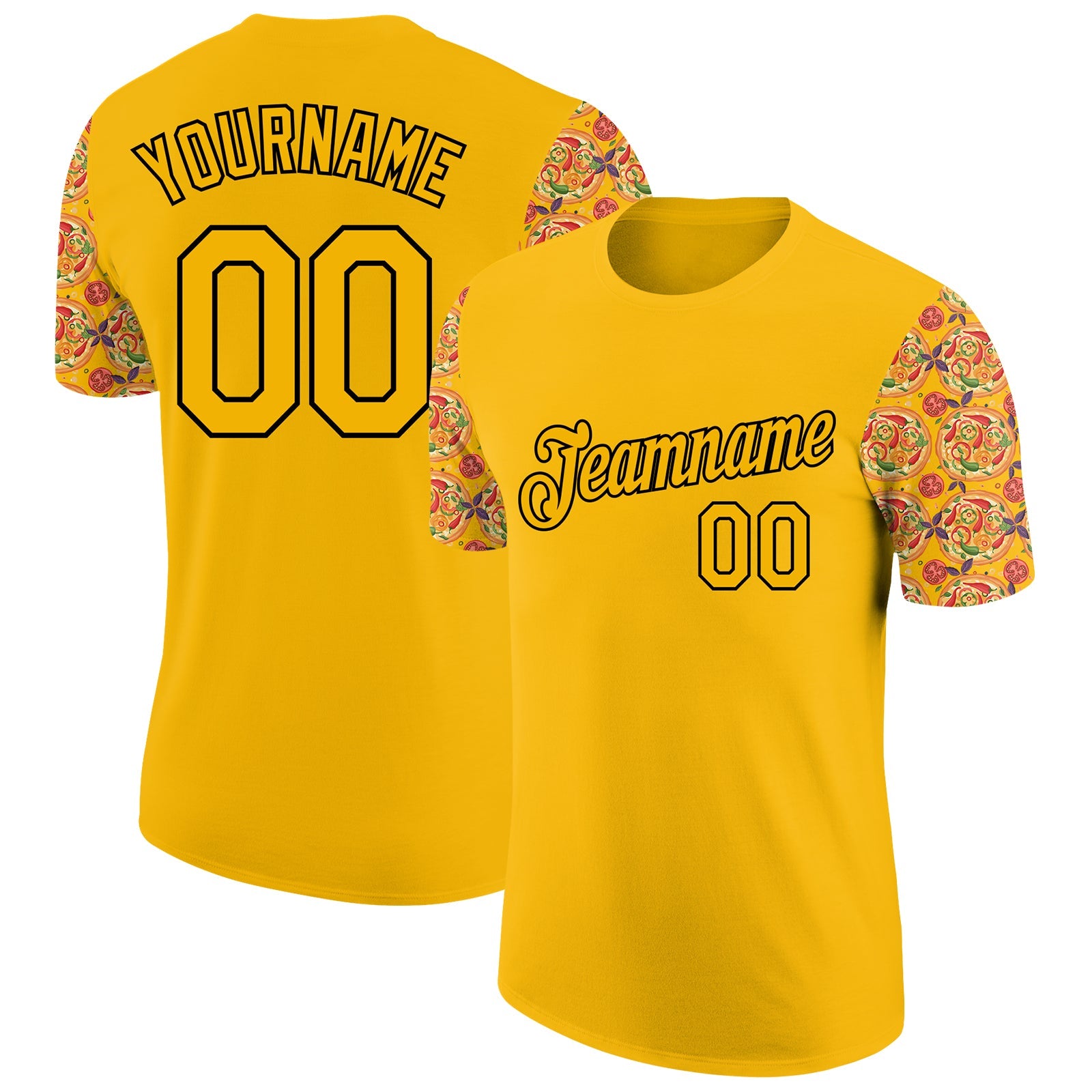 Custom Gold Black 3D Pattern Design Food Pizza Performance T-Shirt - Main View