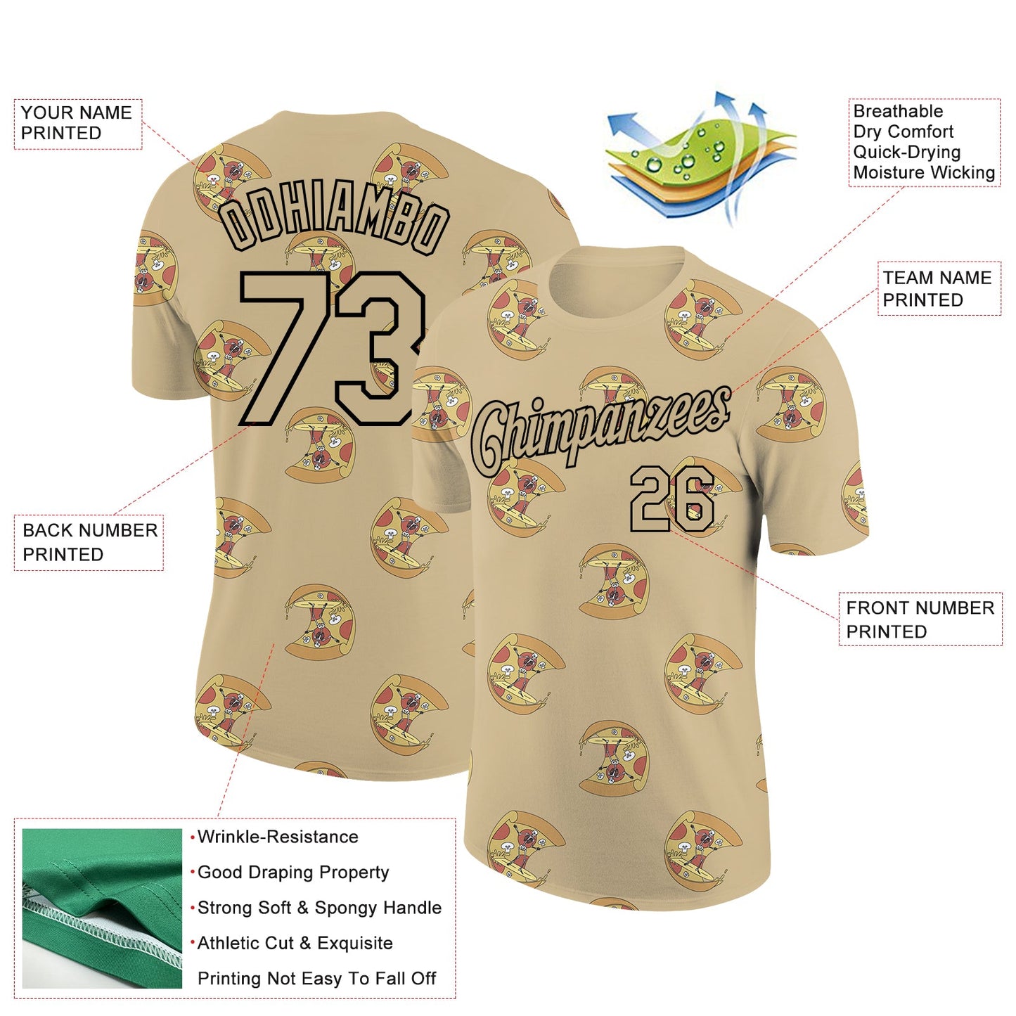 Custom Vegas Gold Black 3D Pattern Design Pizza With Skeleton Performance T-Shirt view 2