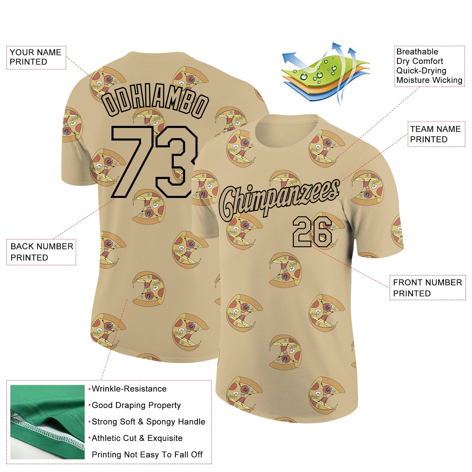 Custom Vegas Gold Black 3D Pattern Design Pizza With Skeleton Performance T-Shirt view 2