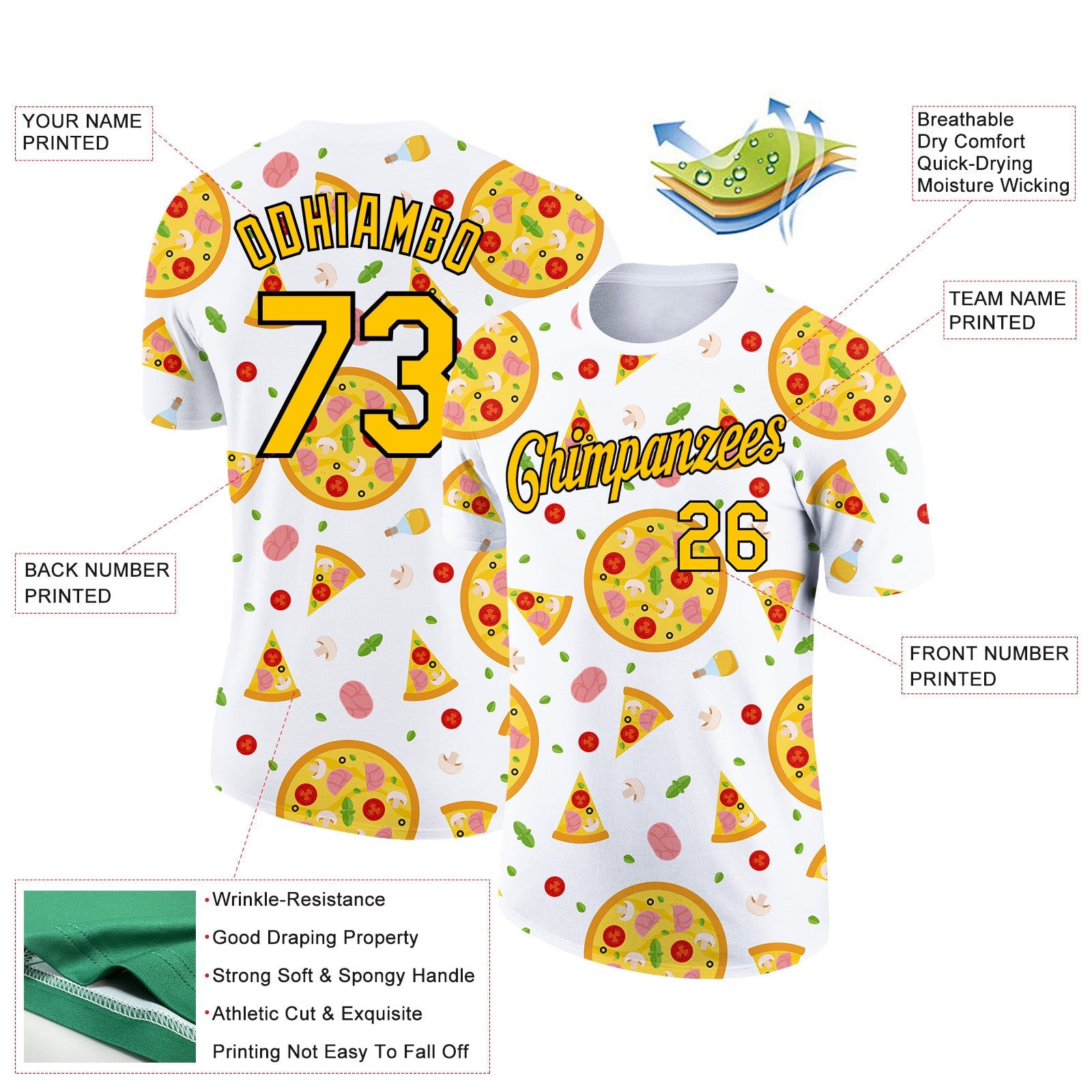 Custom White Yellow-Black 3D Pattern Design Food Pizza Performance T-Shirt view 2