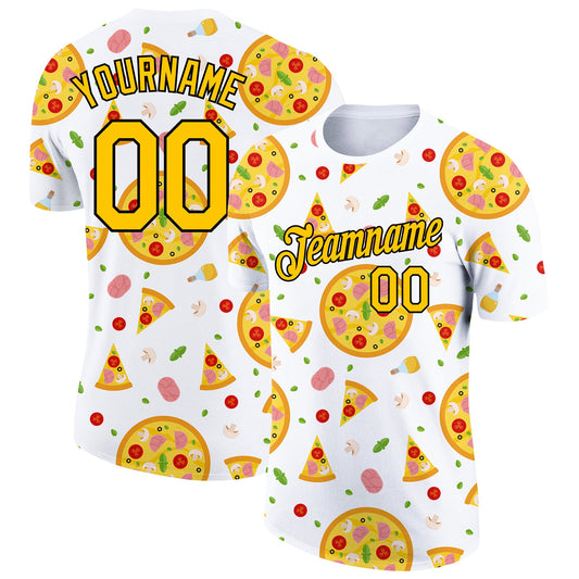 Custom White Yellow-Black 3D Pattern Design Food Pizza Performance T-Shirt - Main View