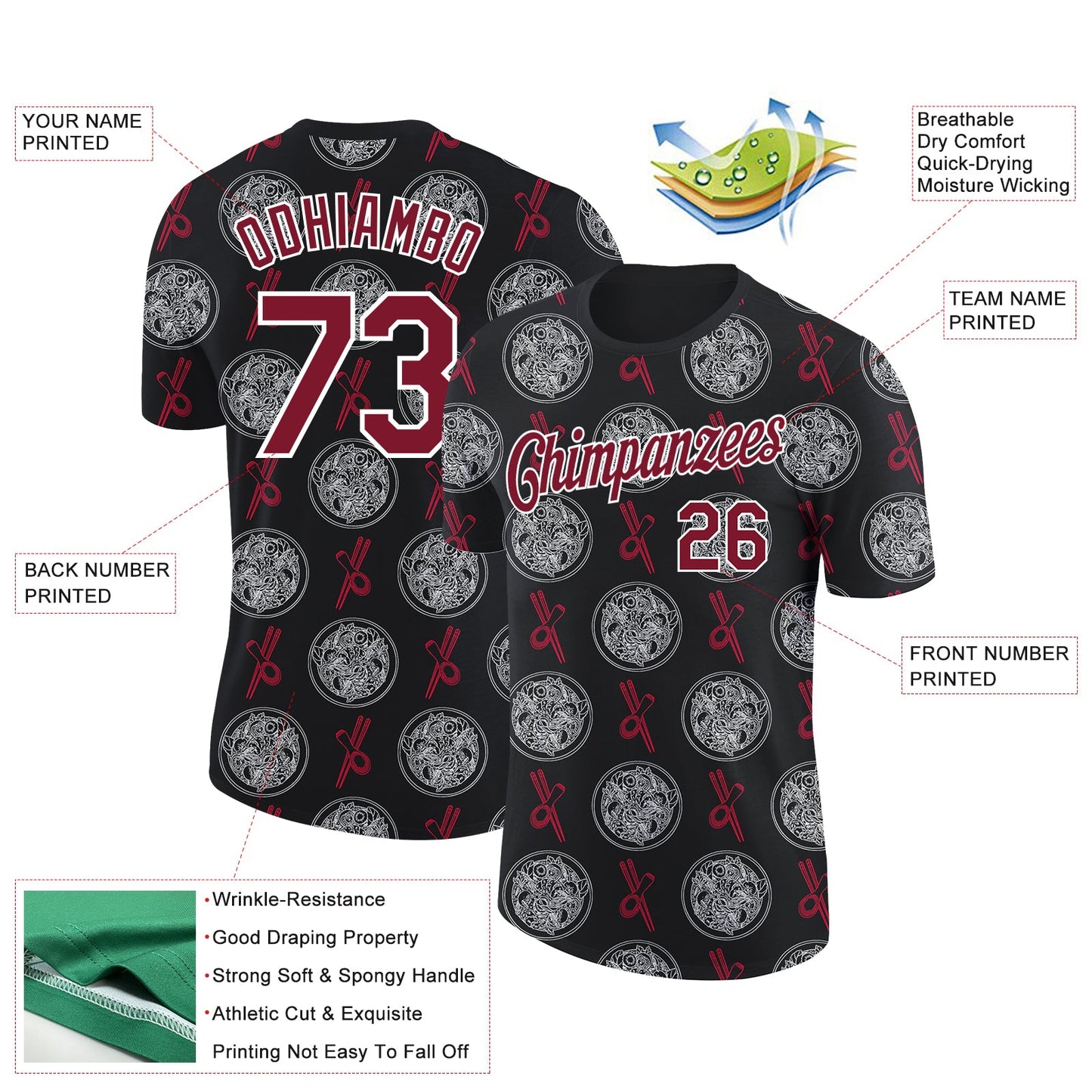 Custom Black Crimson-White 3D Pattern Design Food Shrimp Soup Performance T-Shirt view 2