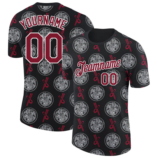 Custom Black Crimson-White 3D Pattern Design Food Shrimp Soup Performance T-Shirt - Main View