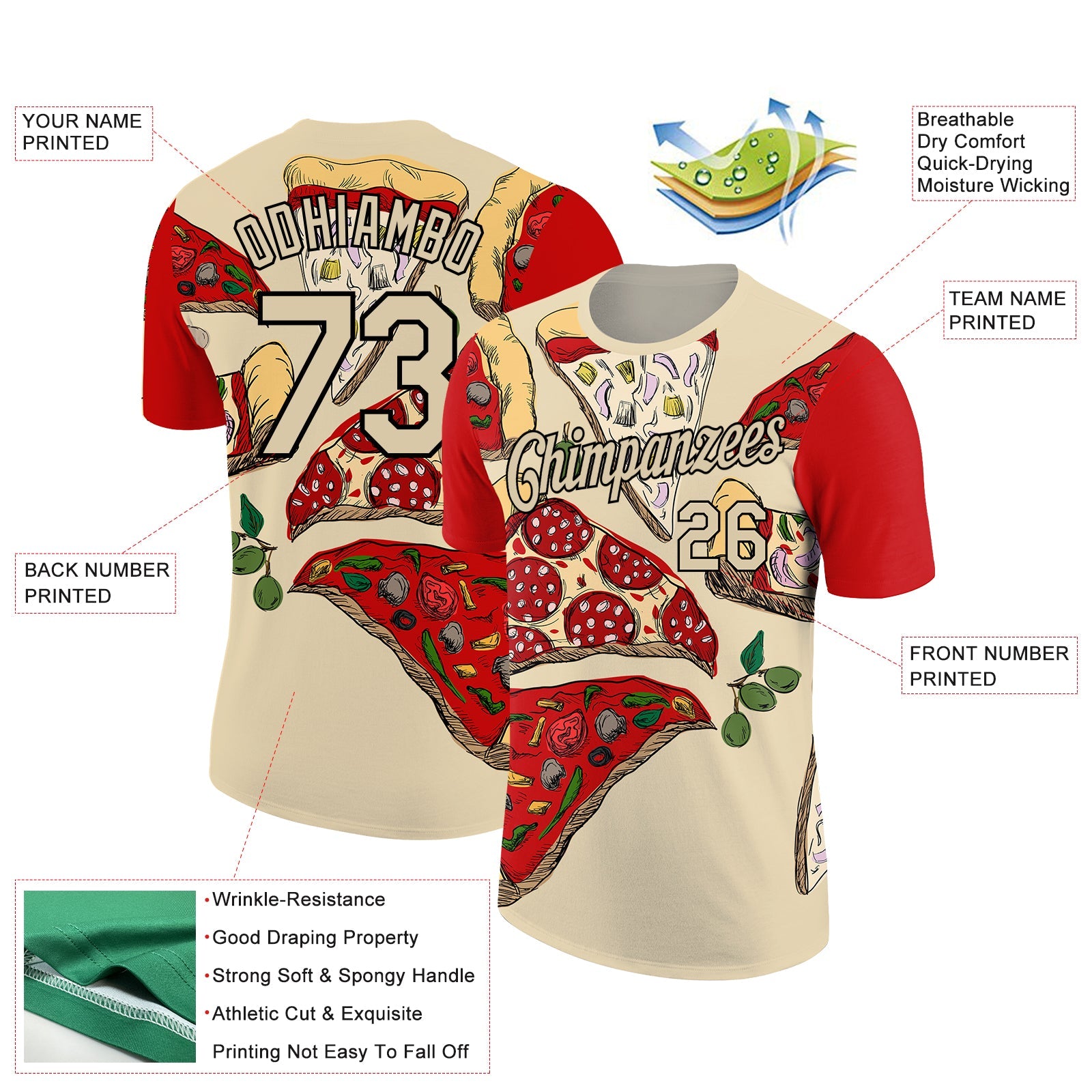 Custom City Cream Black 3D Pattern Design Food Pizza Performance T-Shirt view 2
