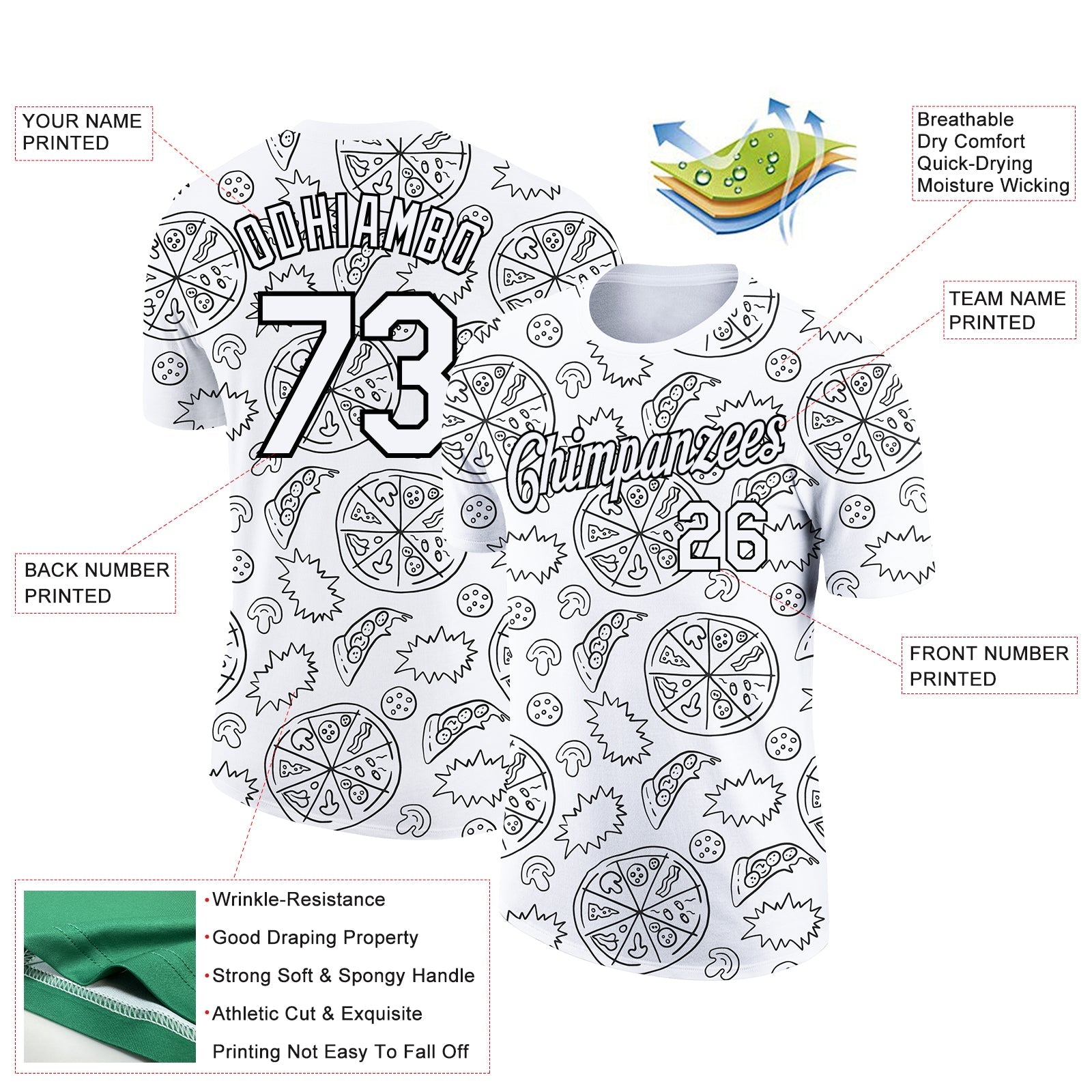Custom White Black 3D Pattern Design Food Pizza Performance T-Shirt view 2