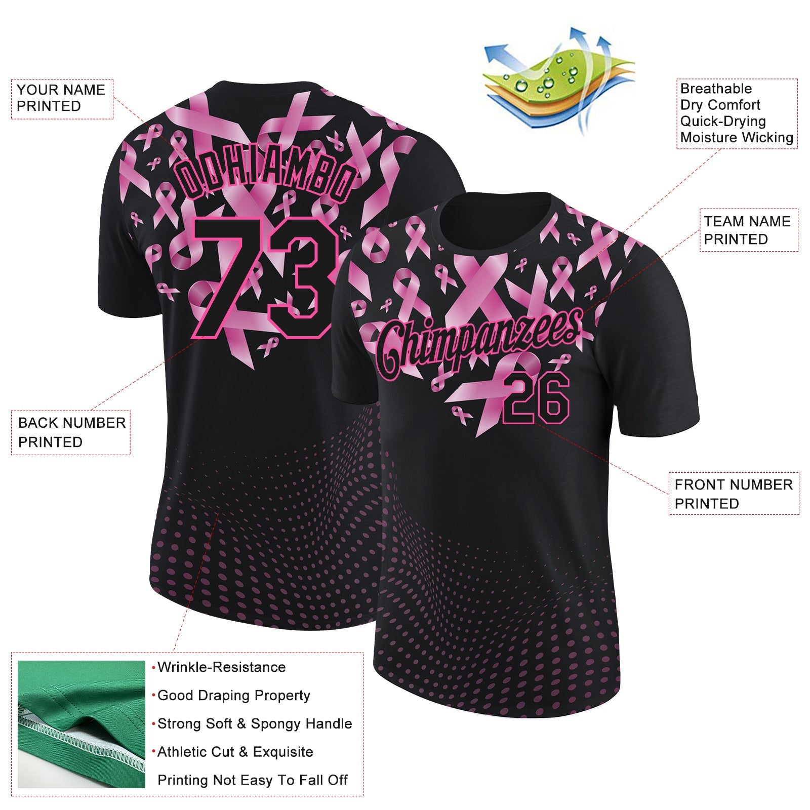 Custom Black Pink 3D Pink Ribbon Breast Cancer Heart Performance T-Shirt view 2
