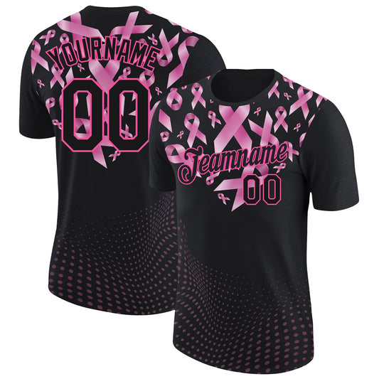 Custom Black Pink 3D Pink Ribbon Breast Cancer Heart Performance T-Shirt - Main View