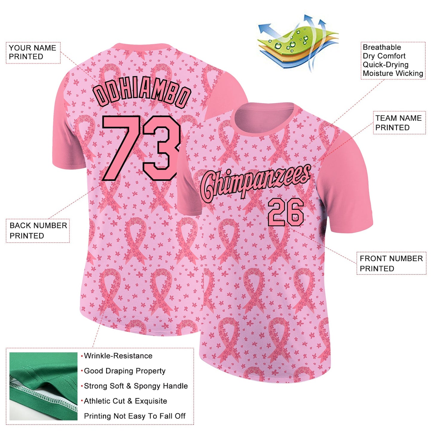 Custom Light Pink Medium Pink-Black 3D Pink Ribbon Breast Cancer Performance T-Shirt view 2