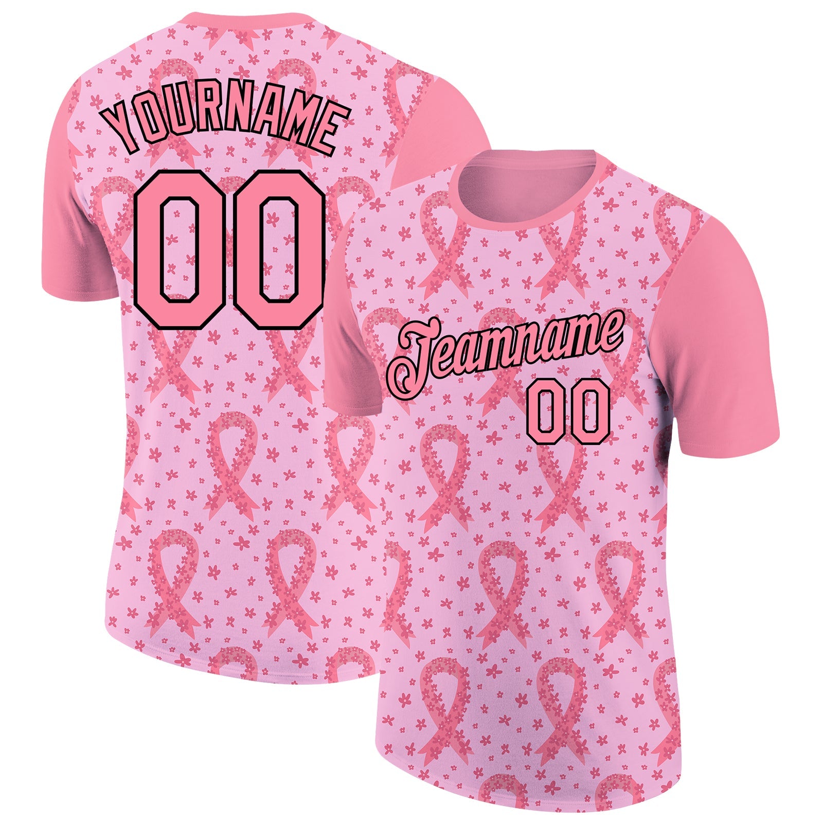 Custom Light Pink Medium Pink-Black 3D Pink Ribbon Breast Cancer Performance T-Shirt - Main View