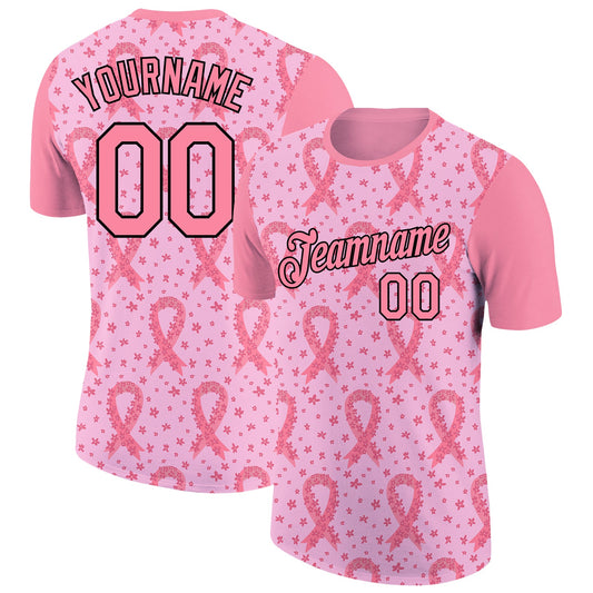 Custom Light Pink Medium Pink-Black 3D Pink Ribbon Breast Cancer Performance T-Shirt - Main View