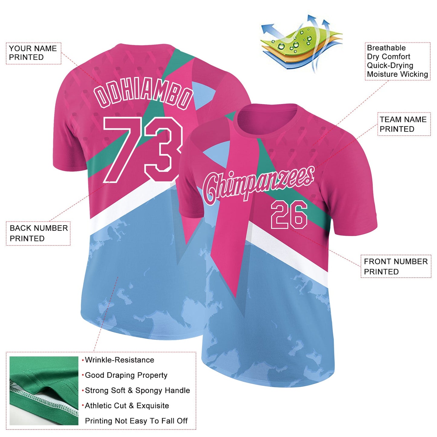 Custom Hot Pink Light Blue-White 3D Pink Ribbon Breast Cancer Performance T-Shirt view 2