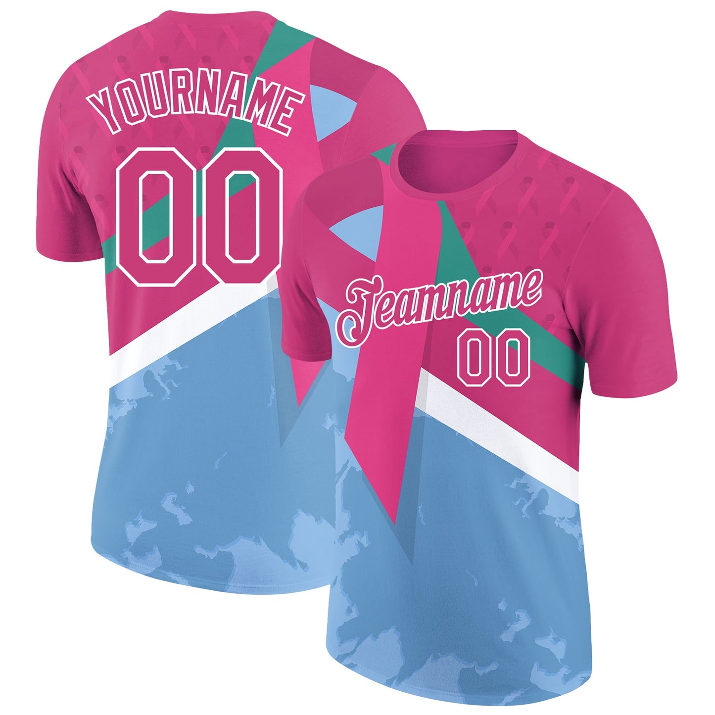 Custom Hot Pink Light Blue-White 3D Pink Ribbon Breast Cancer Performance T-Shirt - Main View
