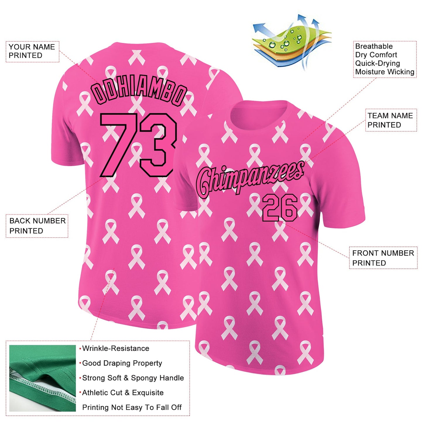 Custom Pink Black 3D Pink Ribbon Breast Cancer Performance T-Shirt view 2