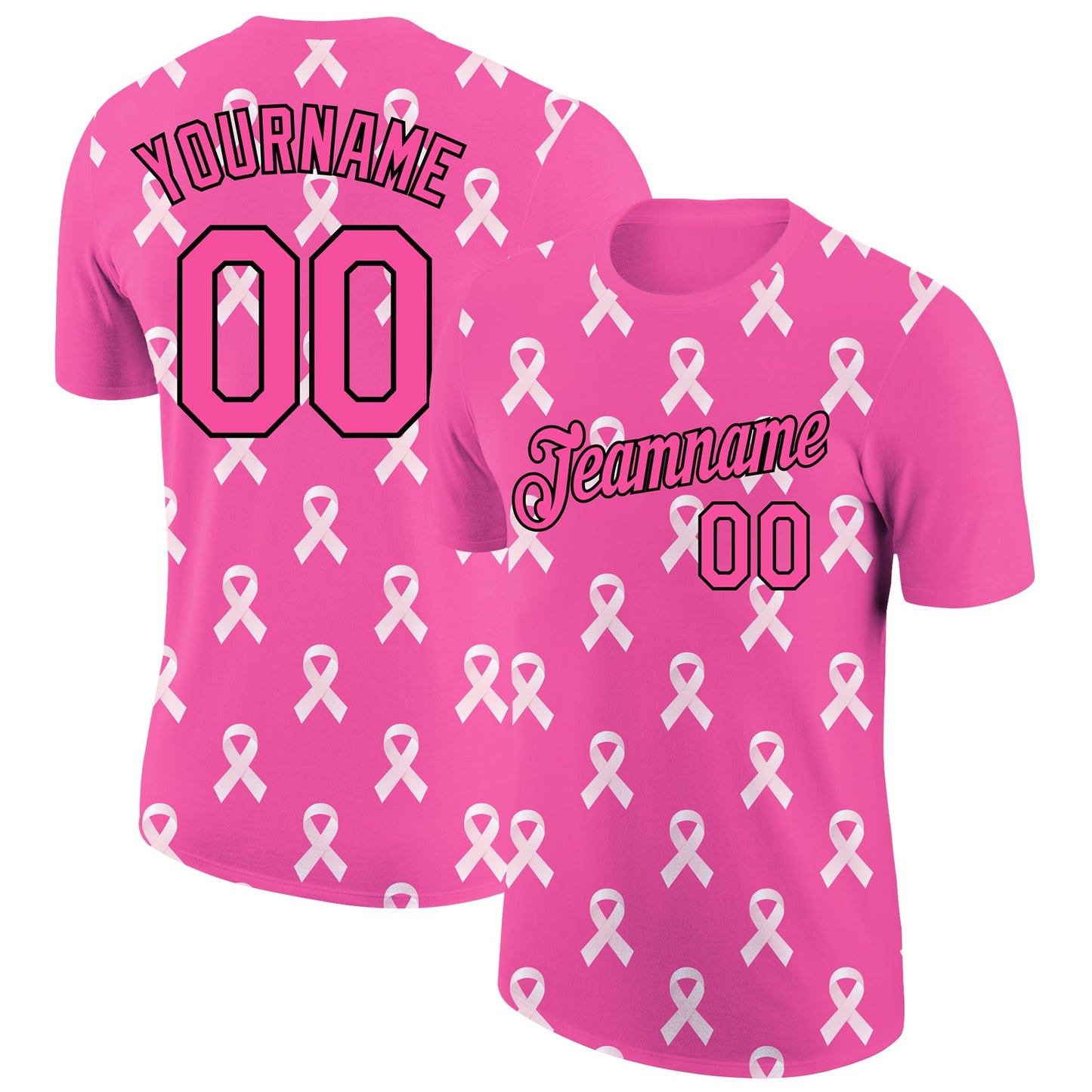 Custom Pink Black 3D Pink Ribbon Breast Cancer Performance T-Shirt - Main View
