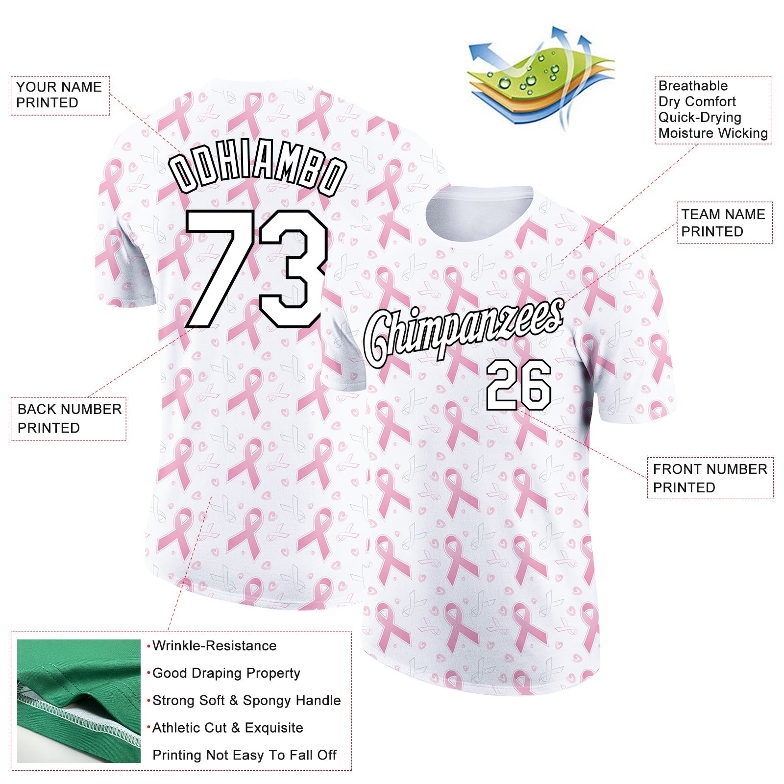 Custom White Black 3D Pink Ribbon Breast Cancer Performance T-Shirt view 2