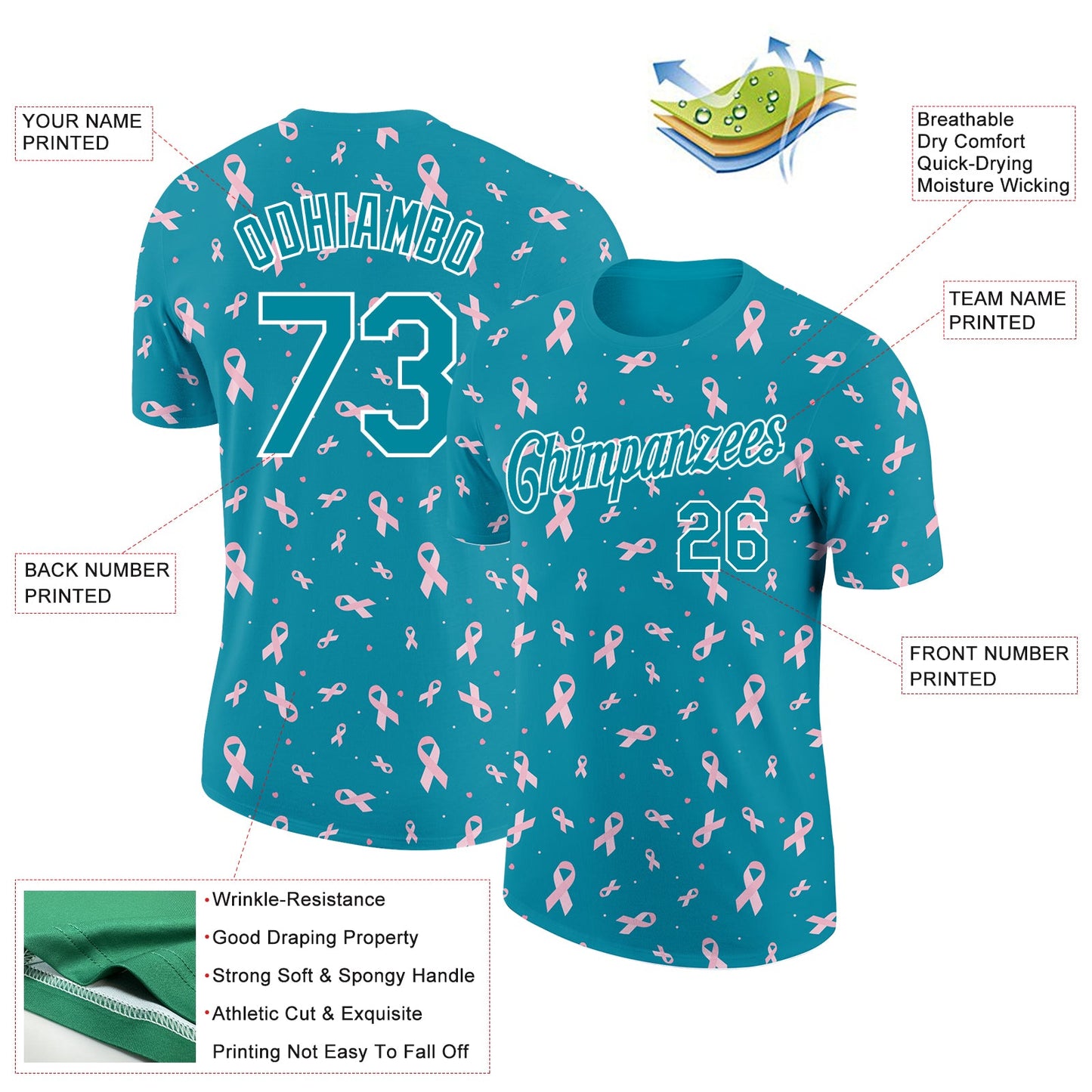 Custom Teal White 3D Pink Ribbon Breast Cancer Performance T-Shirt view 2