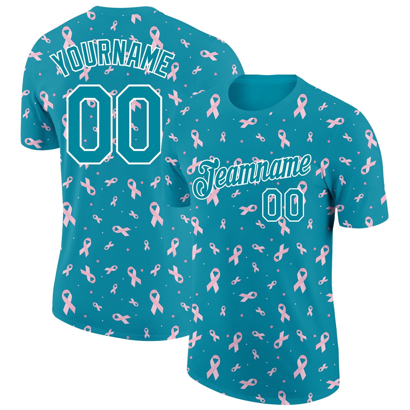 Custom Teal White 3D Pink Ribbon Breast Cancer Performance T-Shirt - Main View