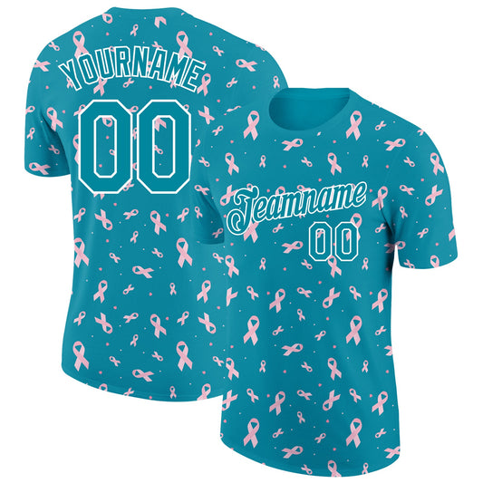 Custom Teal White 3D Pink Ribbon Breast Cancer Performance T-Shirt - Main View