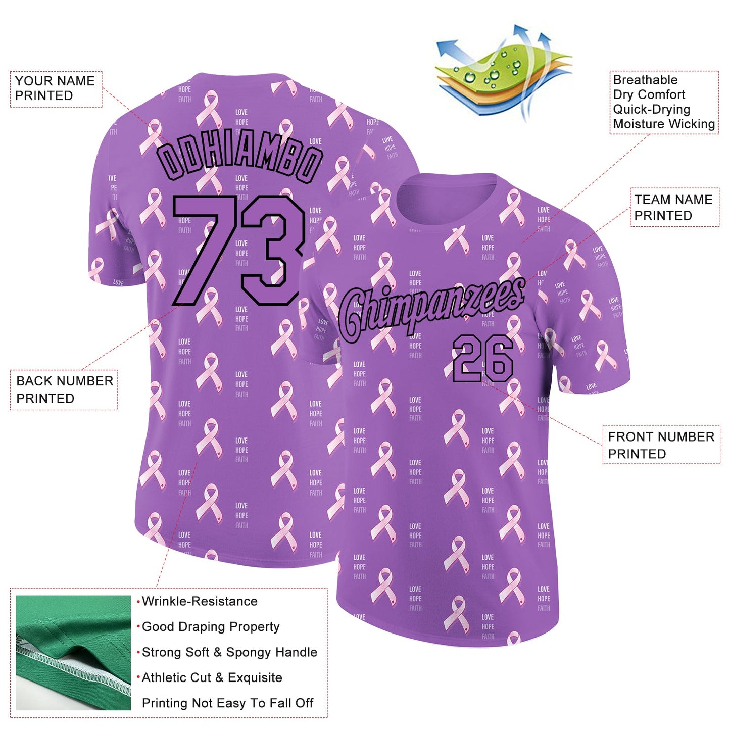 Custom Medium Purple Black 3D Pink Ribbon Breast Cancer Performance T-Shirt view 2