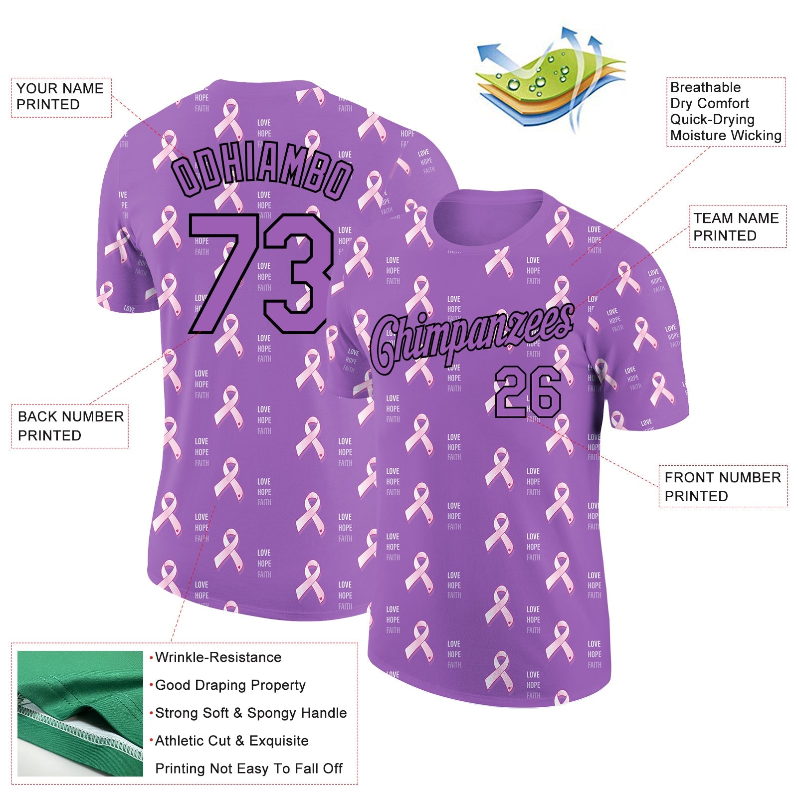 Custom Medium Purple Black 3D Pink Ribbon Breast Cancer Performance T-Shirt view 2