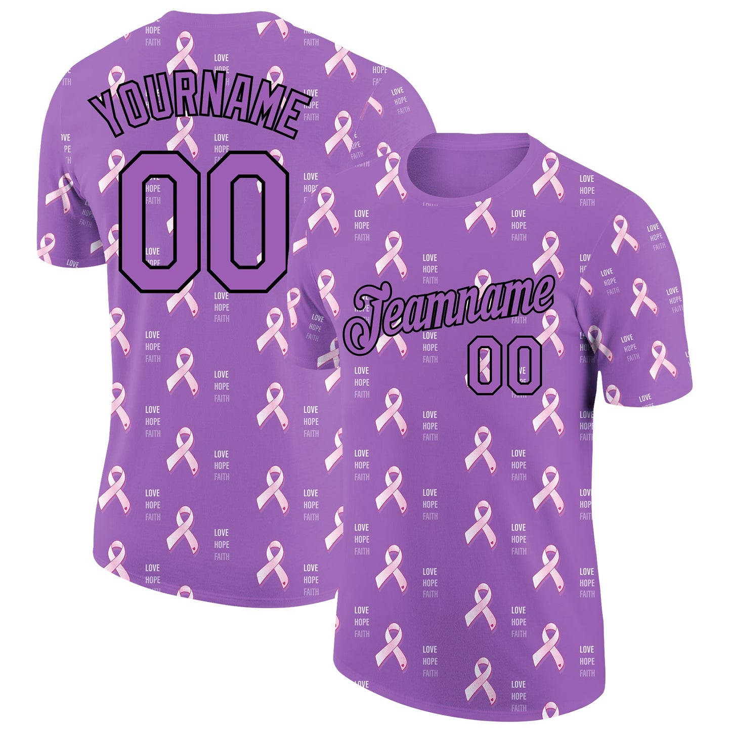 Custom Medium Purple Black 3D Pink Ribbon Breast Cancer Performance T-Shirt - Main View