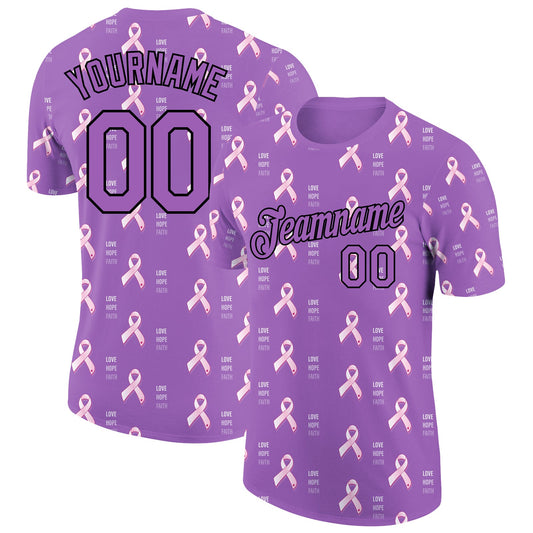 Custom Medium Purple Black 3D Pink Ribbon Breast Cancer Performance T-Shirt - Main View