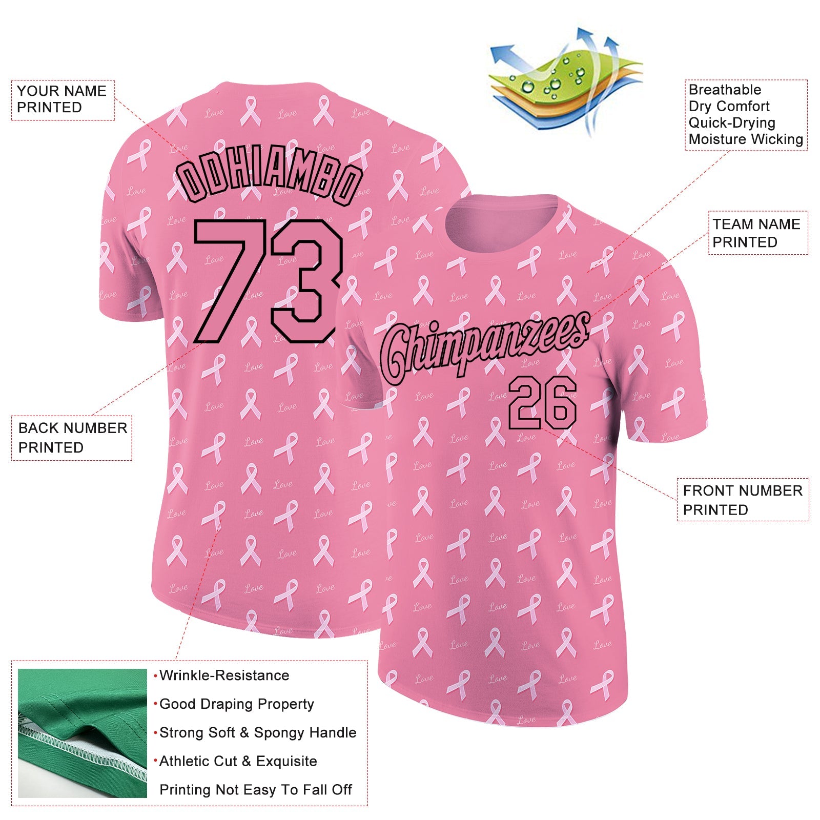 Custom Medium Pink Black 3D Pink Ribbon Breast Cancer Performance T-Shirt view 2