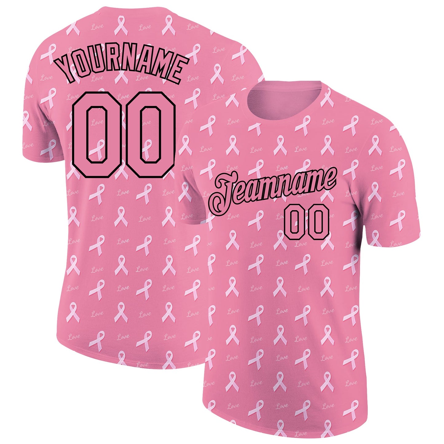 Custom Medium Pink Black 3D Pink Ribbon Breast Cancer Performance T-Shirt - Main View