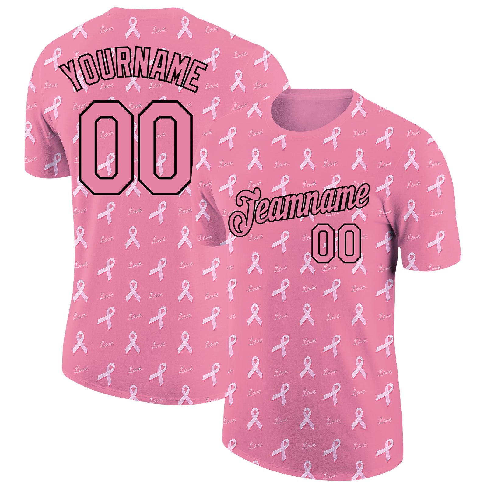 Custom Medium Pink Black 3D Pink Ribbon Breast Cancer Performance T-Shirt - Main View