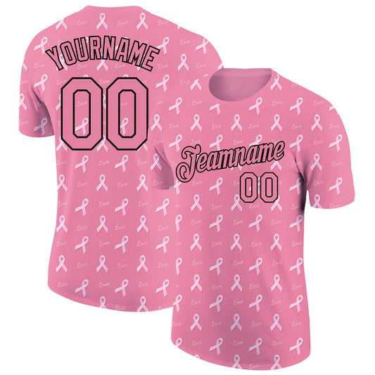 Custom Medium Pink Black 3D Pink Ribbon Breast Cancer Performance T-Shirt - Main View