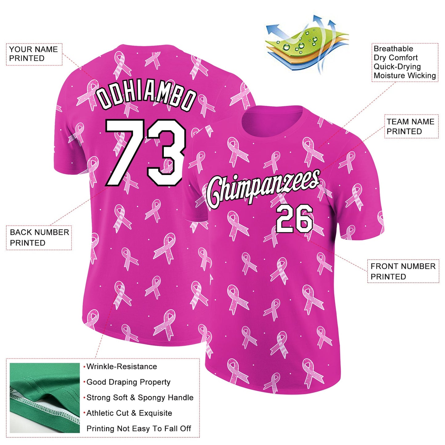 Custom Deep Pink White-Black 3D Pink Ribbon Breast Cancer Performance T-Shirt view 2
