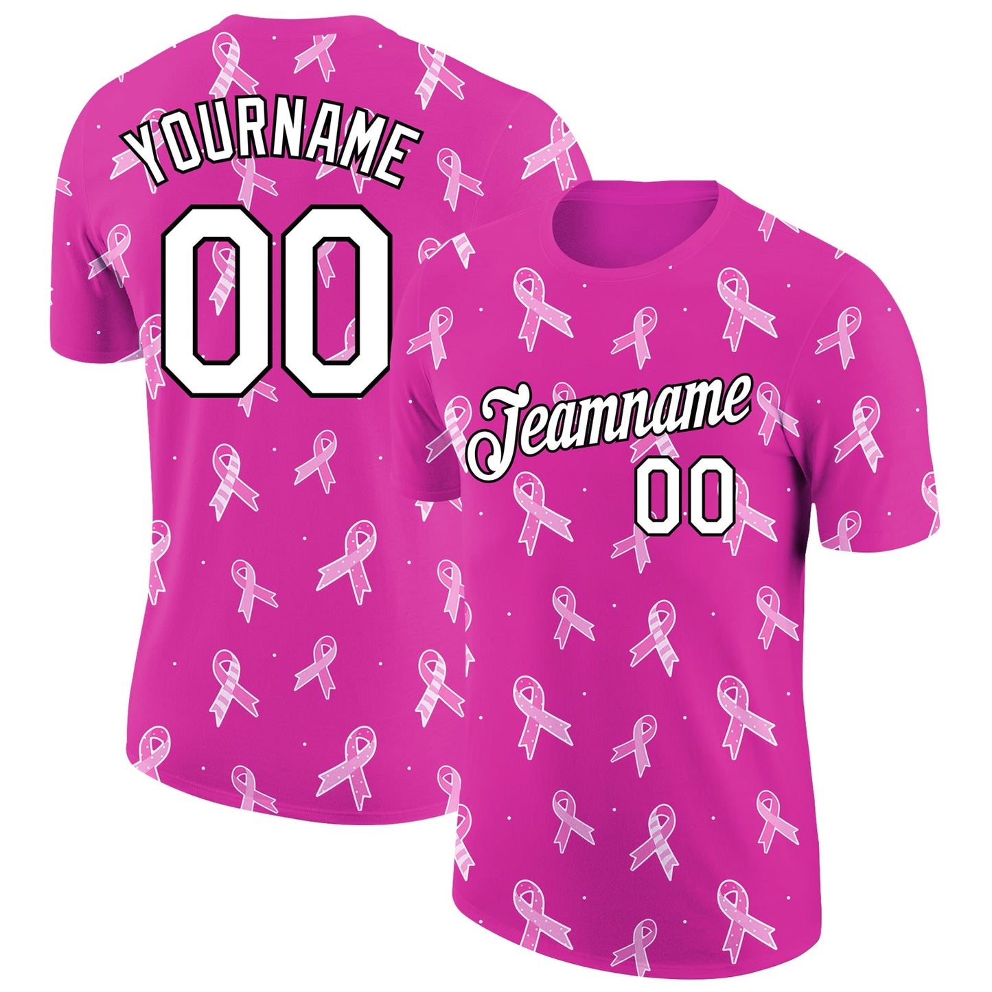 Custom Deep Pink White-Black 3D Pink Ribbon Breast Cancer Performance T-Shirt - Main View