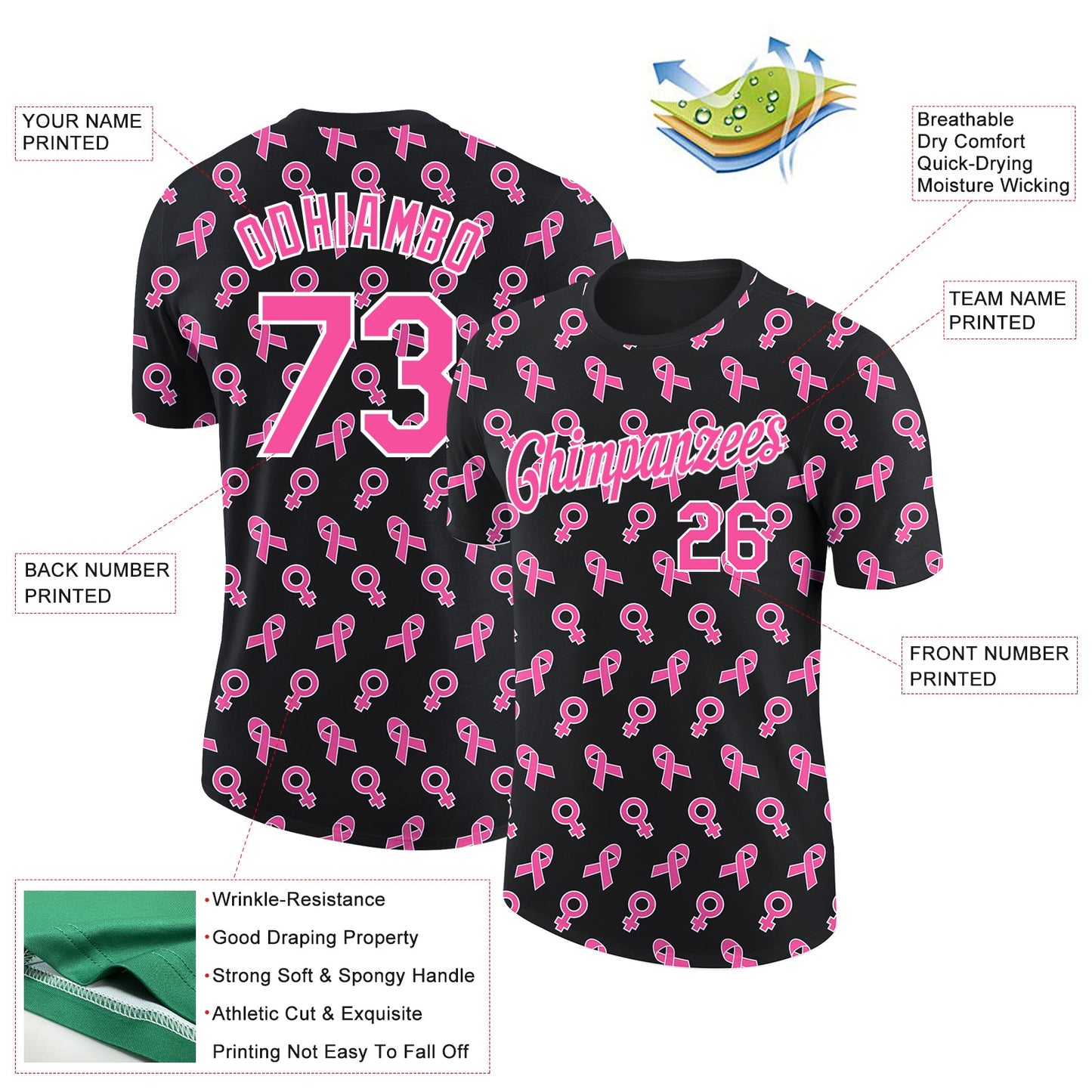 Custom Black Pink-White 3D Pink Ribbon Breast Cancer Performance T-Shirt view 2