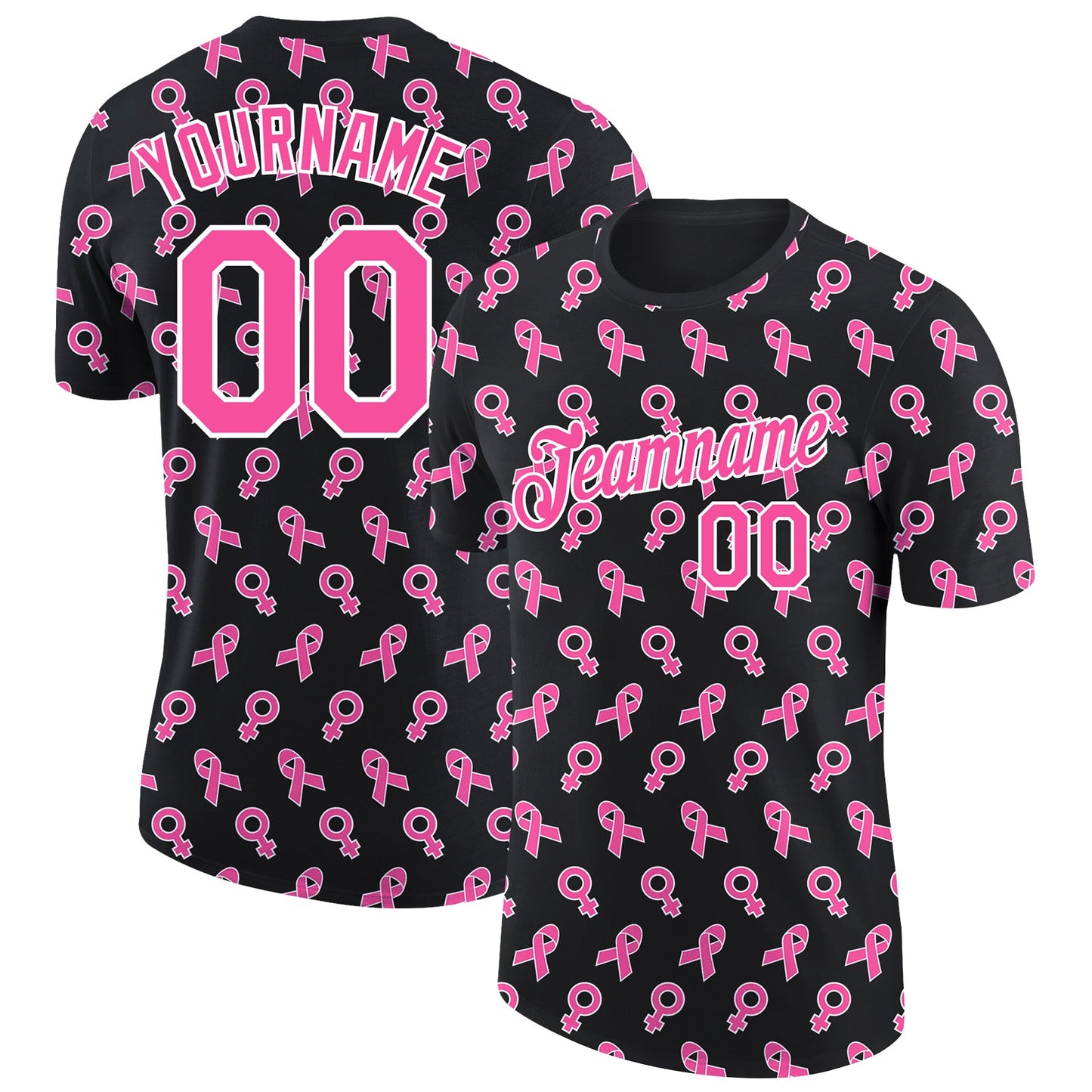 Custom Black Pink-White 3D Pink Ribbon Breast Cancer Performance T-Shirt - Main View