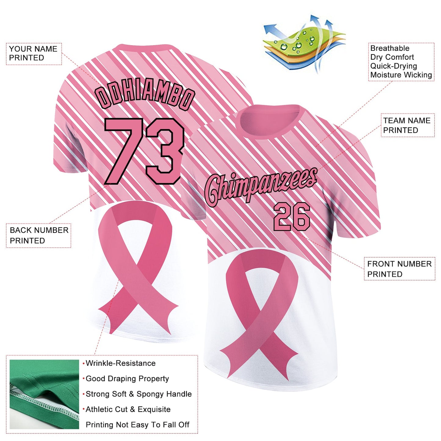 Custom Medium Pink Black-White 3D Pink Ribbon Breast Cancer Performance T-Shirt view 2