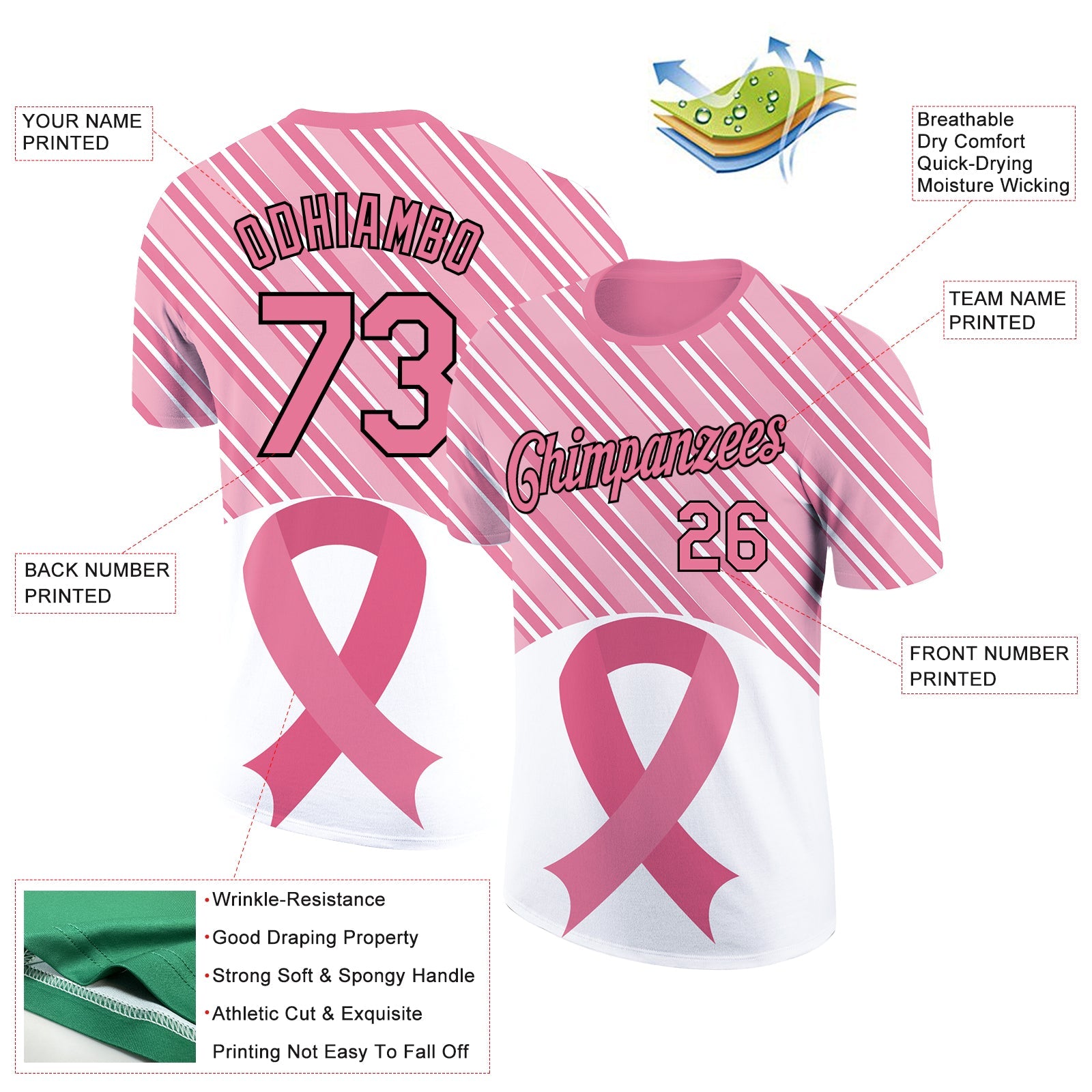 Custom Medium Pink Black-White 3D Pink Ribbon Breast Cancer Performance T-Shirt view 2