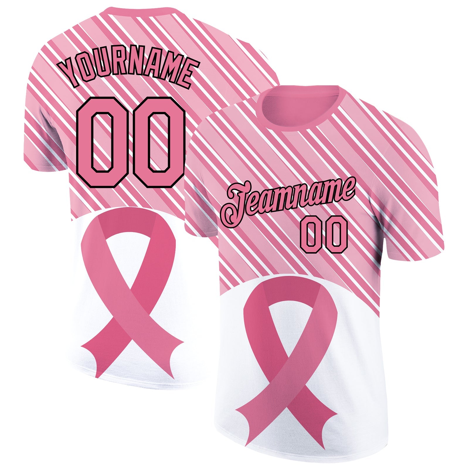 Custom Medium Pink Black-White 3D Pink Ribbon Breast Cancer Performance T-Shirt - Main View