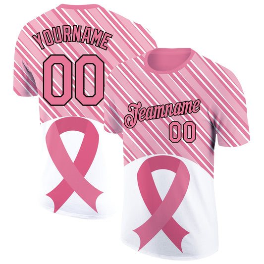 Custom Medium Pink Black-White 3D Pink Ribbon Breast Cancer Performance T-Shirt - Main View