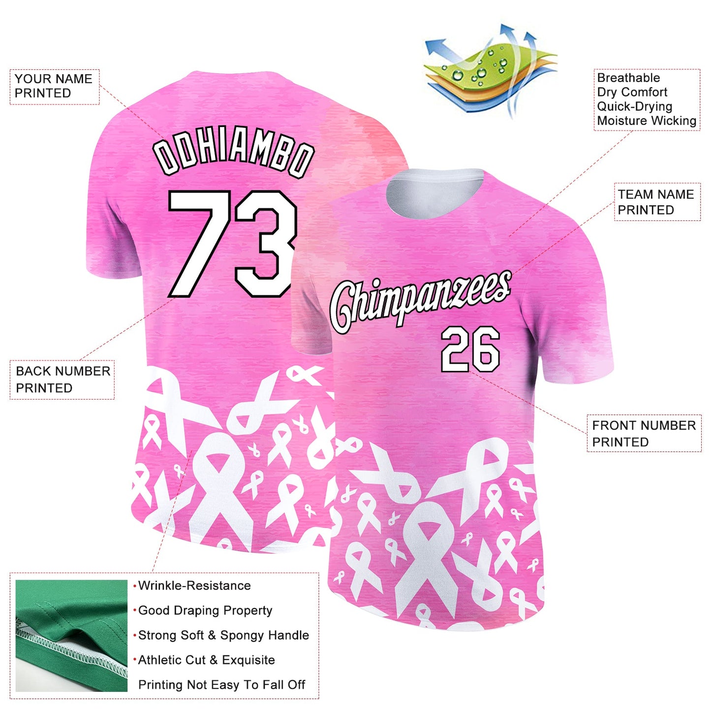 Custom Pink White-Black 3D Pink Ribbon Breast Cancer Performance T-Shirt view 2