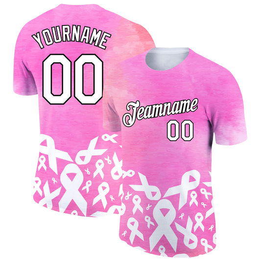 Custom Pink White-Black 3D Pink Ribbon Breast Cancer Performance T-Shirt - Main View