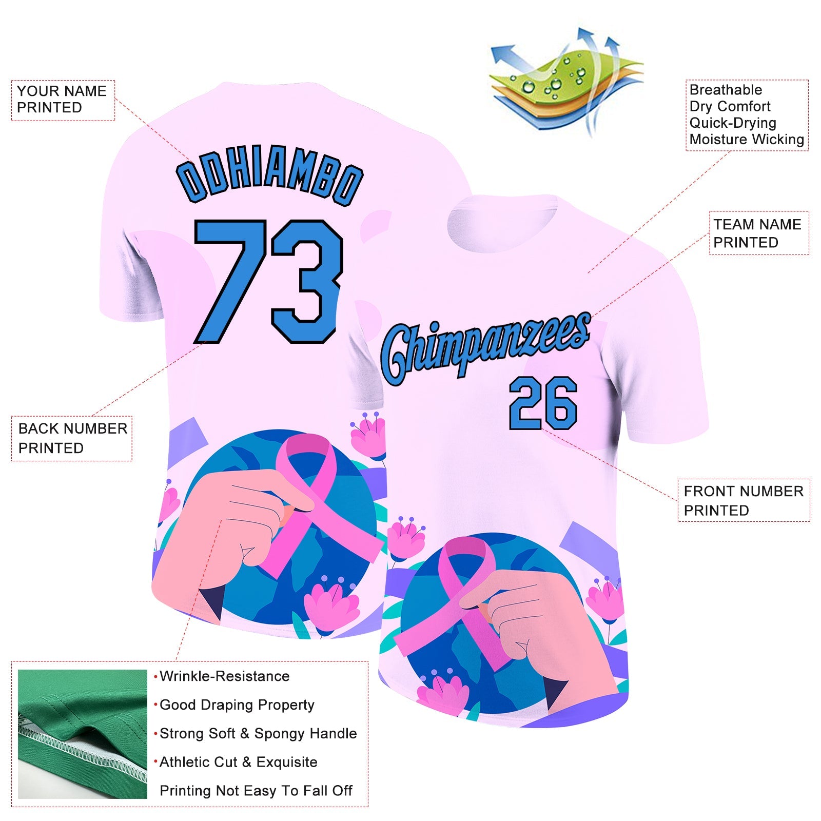 Custom Light Pink Powder Blue-Black 3D Pink Ribbon Breast Cancer Performance T-Shirt view 2