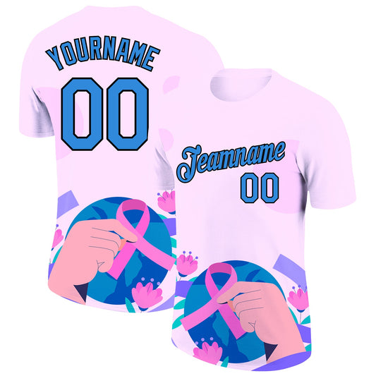 Custom Light Pink Powder Blue-Black 3D Pink Ribbon Breast Cancer Performance T-Shirt - Main View