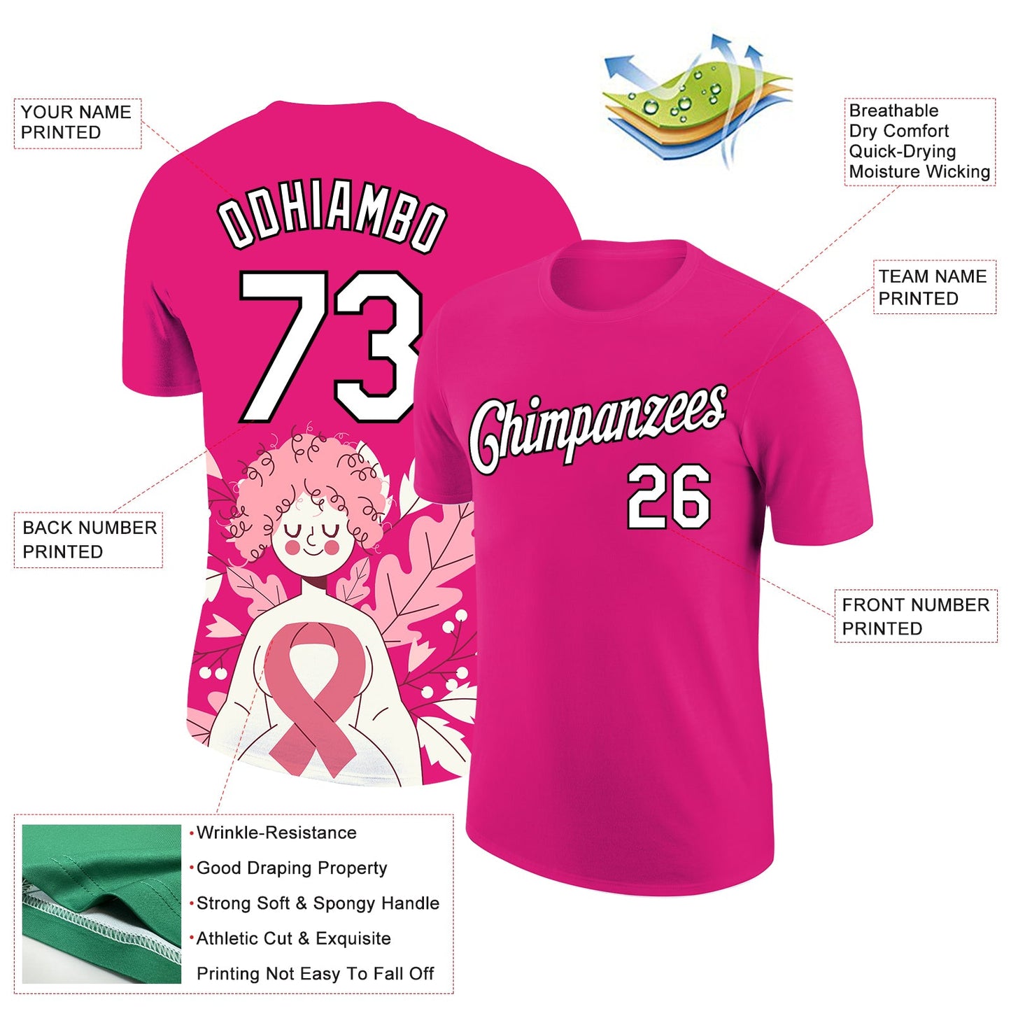 Custom Hot Pink White-Black 3D Pink Ribbon Breast Cancer Performance T-Shirt view 2