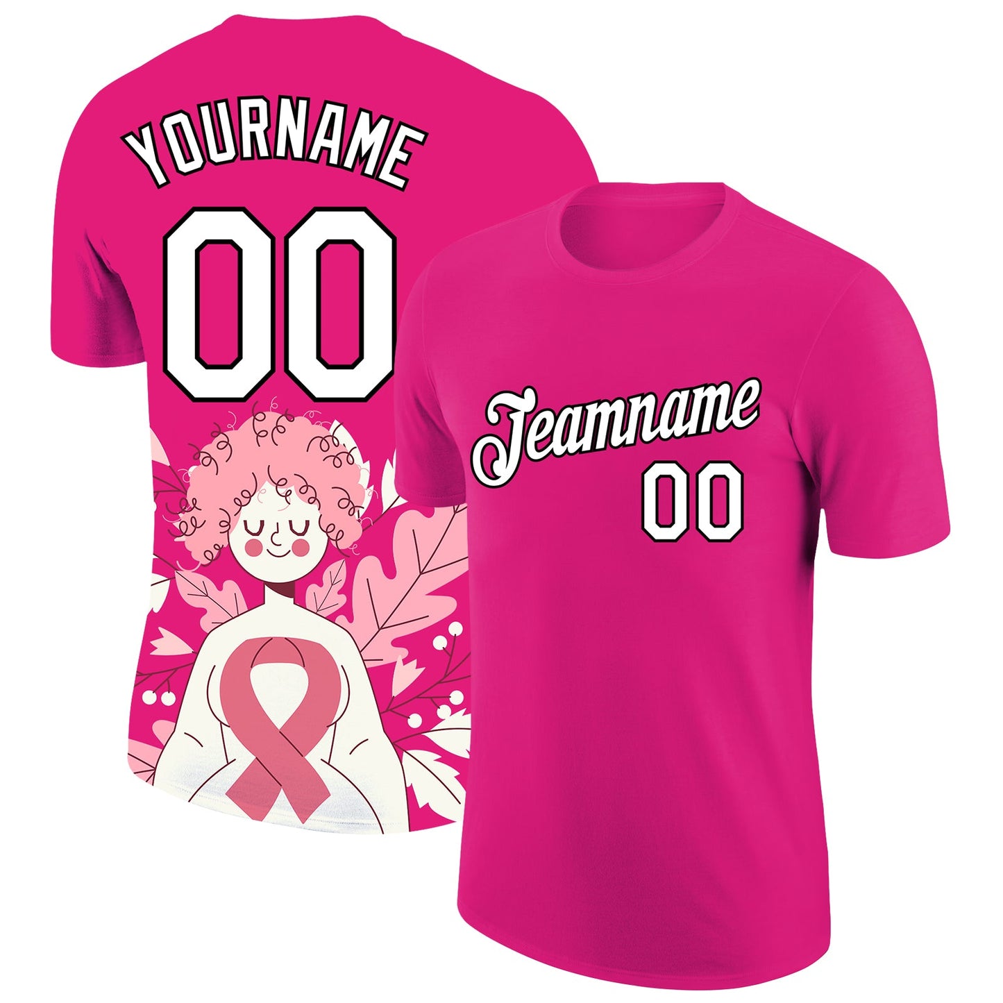 Custom Hot Pink White-Black 3D Pink Ribbon Breast Cancer Performance T-Shirt - Main View